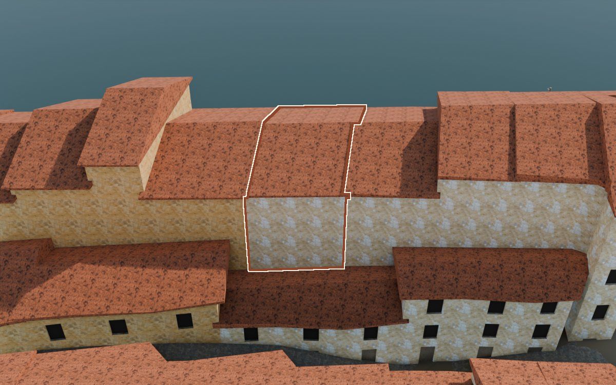 Casa de Lo Muro a la reconstrucció 3D, vista des del seu carrer, amb el contorn marcat de color teula entre les cases del voltant