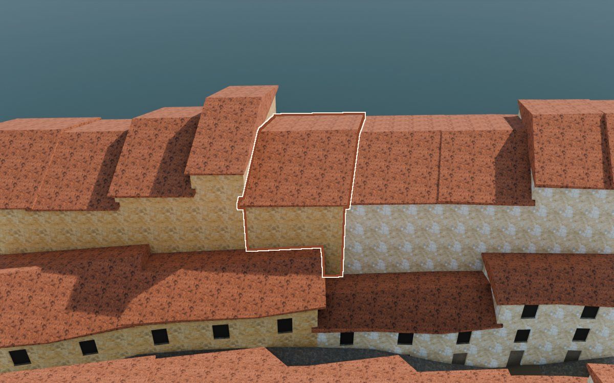Casa de Lo Muro a la reconstrucció 3D, vista des del seu carrer, amb el contorn marcat de color teula entre les cases del voltant