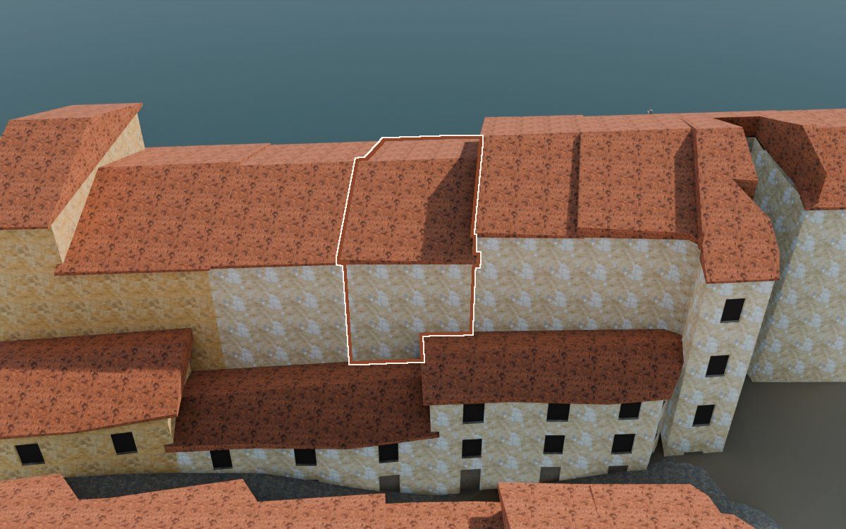 Casa de Lo Muro a la reconstrucció 3D, vista des del seu carrer, amb el contorn marcat de color teula entre les cases del voltant