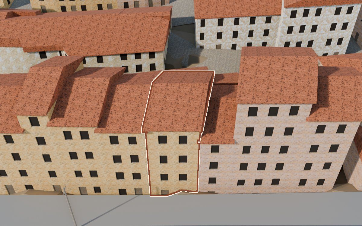 Casa de Lo Muro a la reconstrucció 3D, vista des del costat on millor es veu, amb el contorn marcat de color teula entre les cases del voltant