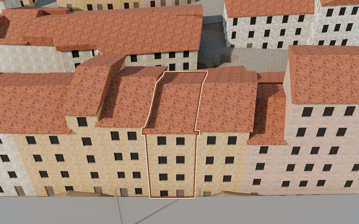 Casa de Lo Muro a la reconstrucció 3D, vista des del costat on millor es veu, amb el contorn marcat de color teula entre les cases del voltant