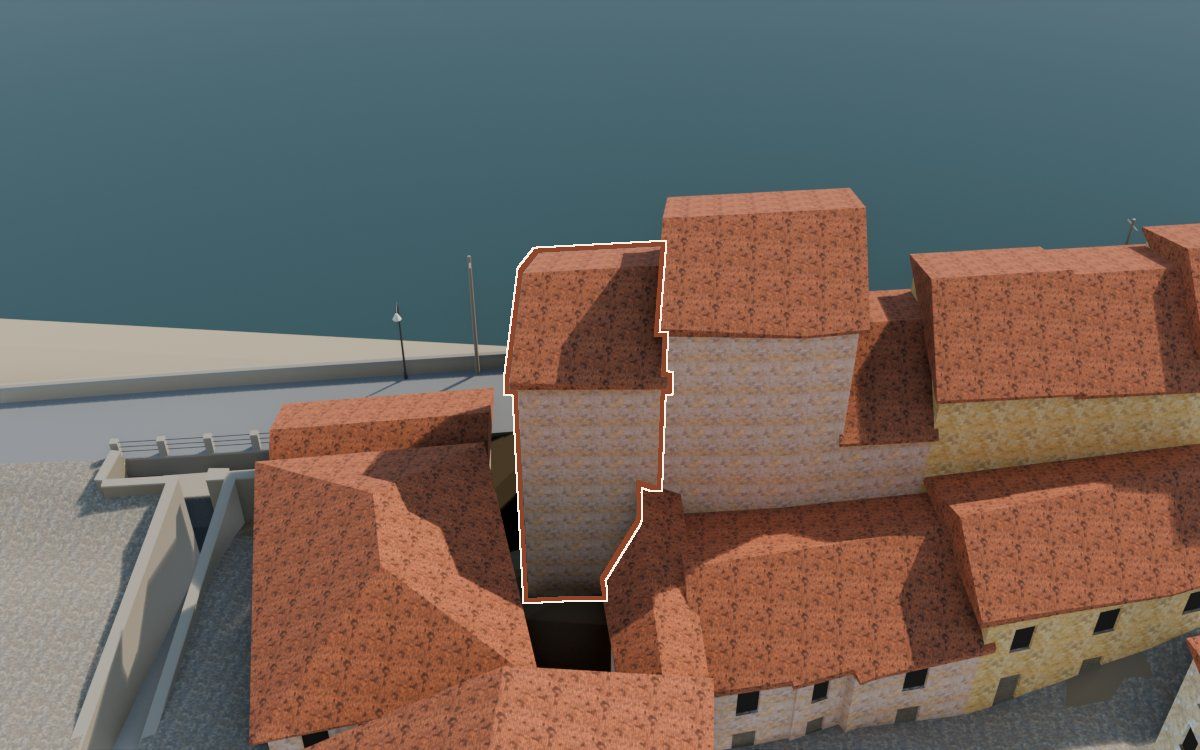 Casa de Lo Muro a la reconstrucció 3D, vista des del seu carrer, amb el contorn marcat de color teula entre les cases del voltant