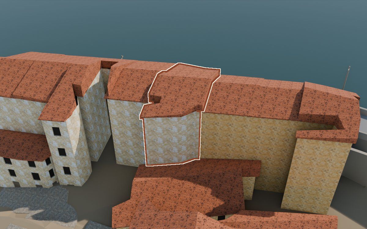 Casa de Lo Muro a la reconstrucció 3D, vista des del seu carrer, amb el contorn marcat de color teula entre les cases del voltant