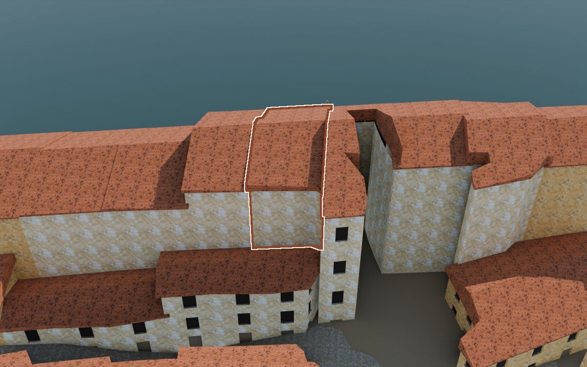 Casa de Lo Muro a la reconstrucció 3D, vista des del seu carrer, amb el contorn marcat de color teula entre les cases del voltant