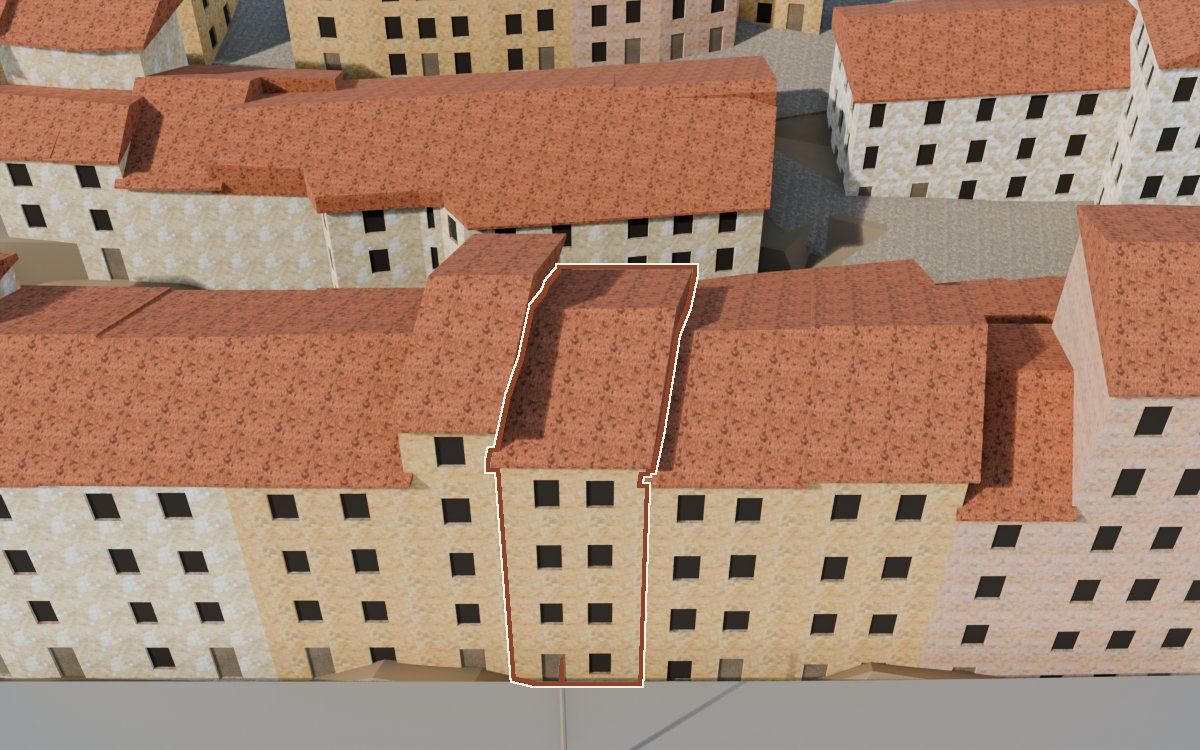 Casa de Lo Muro a la reconstrucció 3D, vista des del costat on millor es veu, amb el contorn marcat de color teula entre les cases del voltant