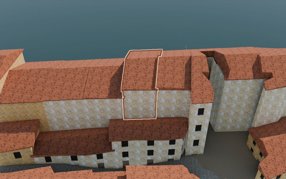 Casa de Lo Muro a la reconstrucció 3D, vista des del seu carrer, amb el contorn marcat de color teula entre les cases del voltant