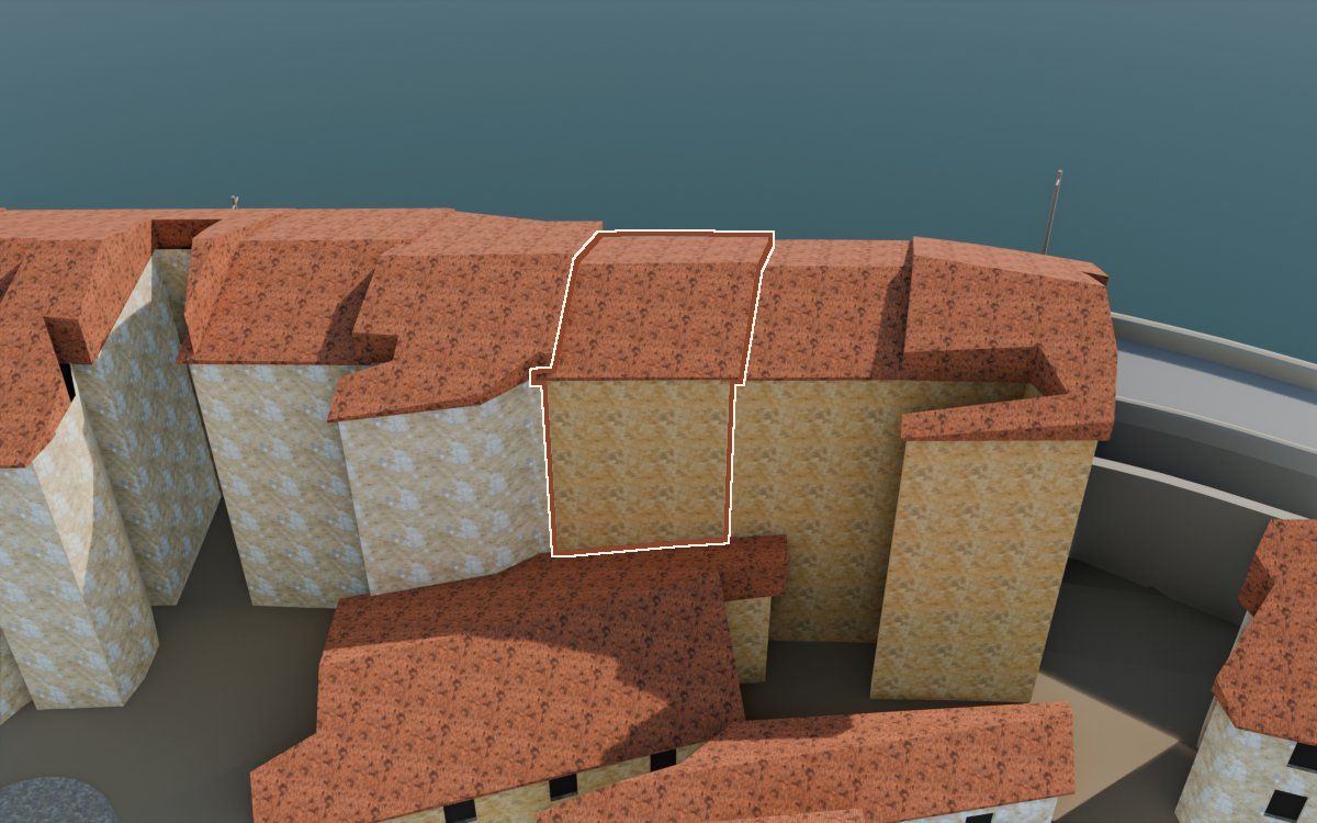 Casa de Lo Muro a la reconstrucció 3D, vista des del seu carrer, amb el contorn marcat de color teula entre les cases del voltant