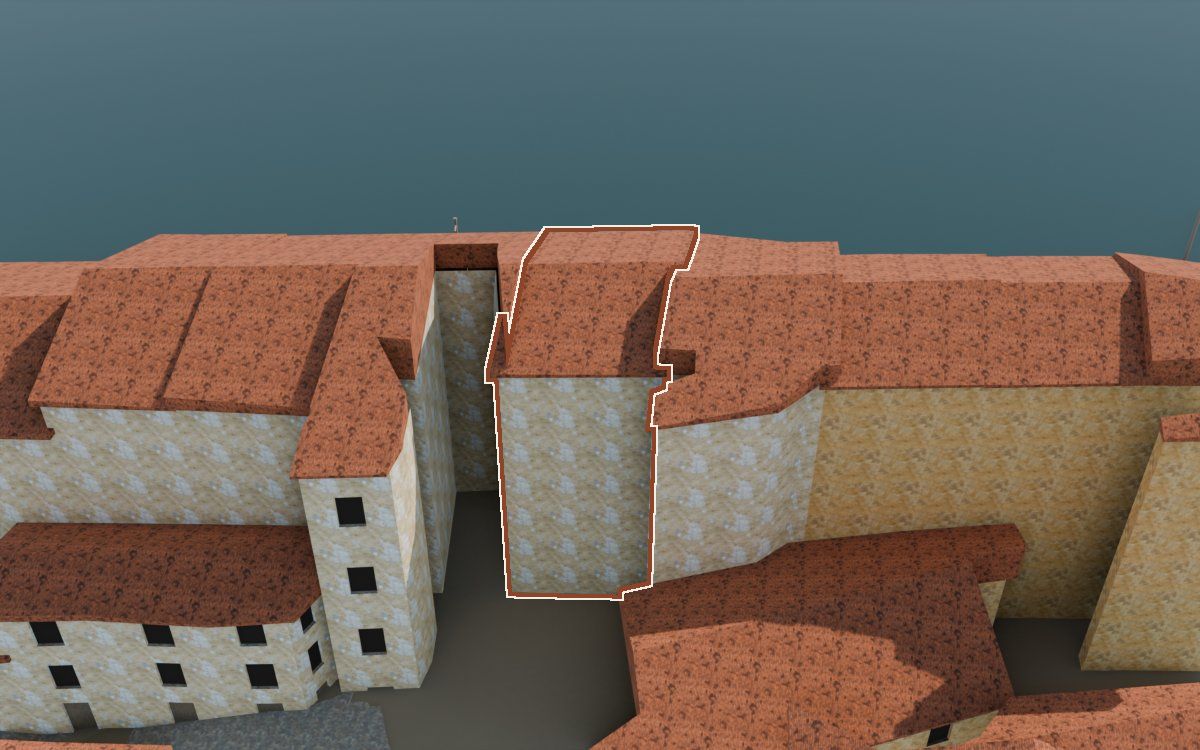 Casa de Lo Muro a la reconstrucció 3D, vista des del seu carrer, amb el contorn marcat de color teula entre les cases del voltant