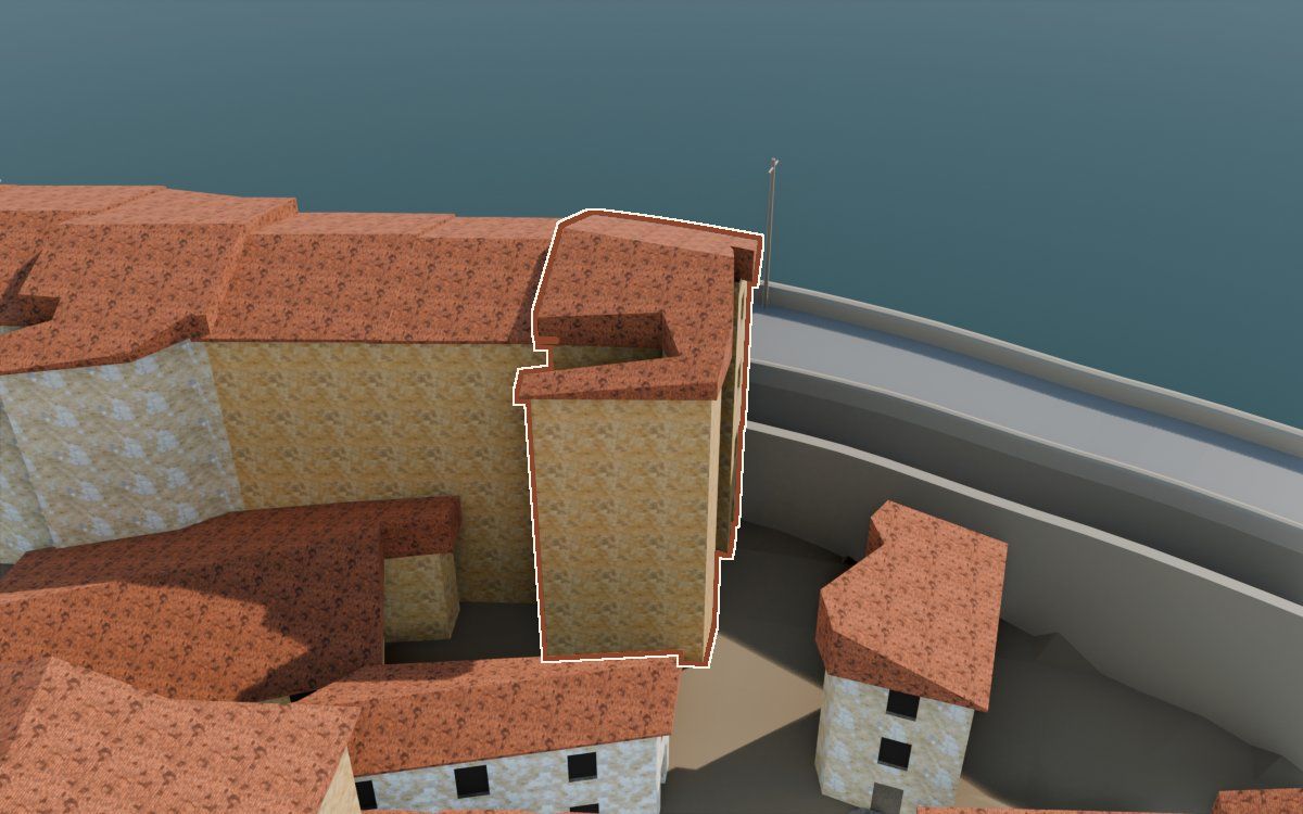 Casa de Lo Muro a la reconstrucció 3D, vista des del seu carrer, amb el contorn marcat de color teula entre les cases del voltant
