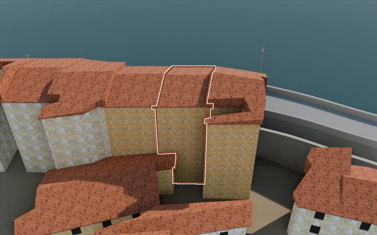 Casa de Lo Muro a la reconstrucció 3D, vista des del seu carrer, amb el contorn marcat de color teula entre les cases del voltant
