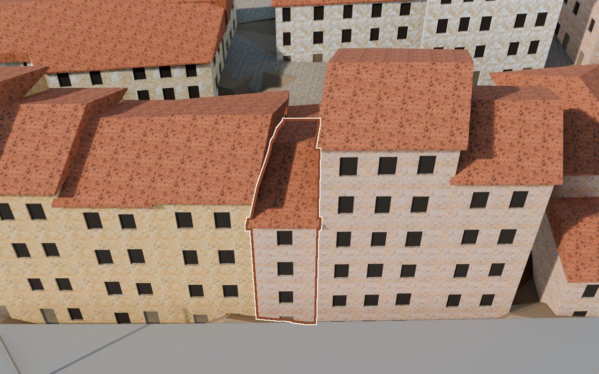 Casa de Lo Muro a la reconstrucció 3D, vista des del costat on millor es veu, amb el contorn marcat de color teula entre les cases del voltant