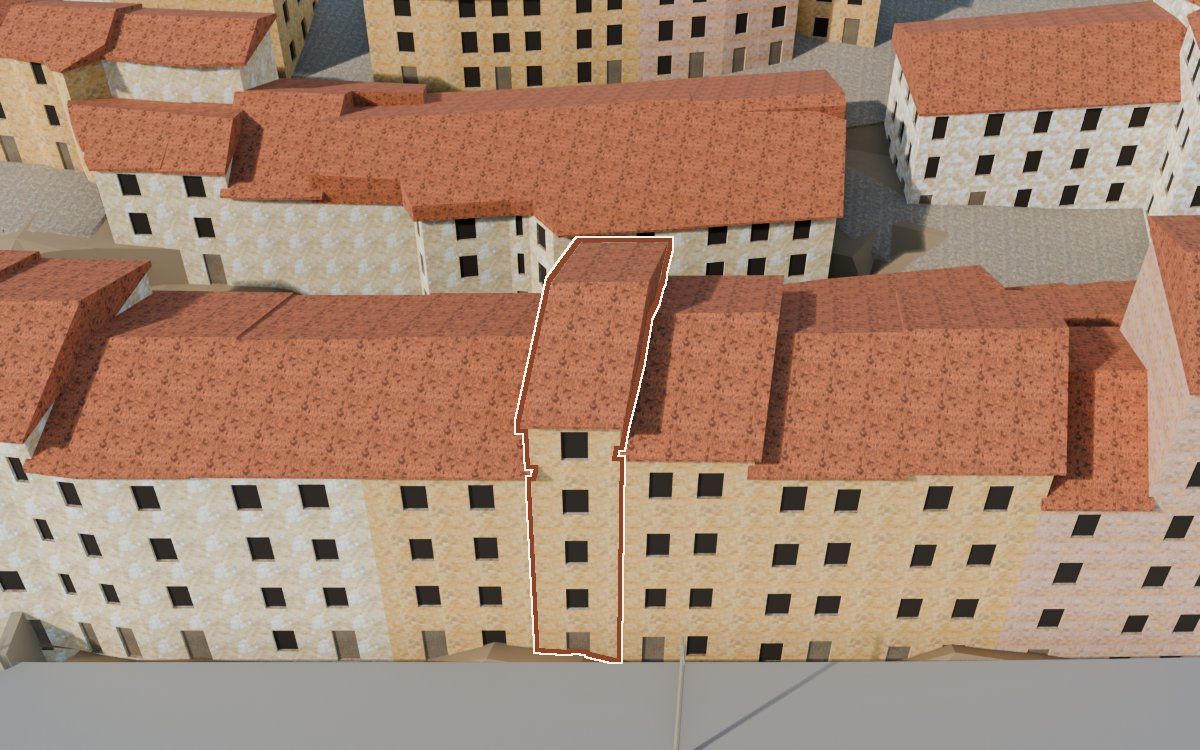 Casa de Lo Muro a la reconstrucció 3D, vista des del costat on millor es veu, amb el contorn marcat de color teula entre les cases del voltant