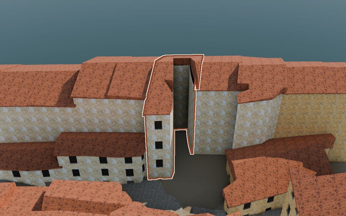 Casa de Lo Muro a la reconstrucció 3D, vista des del seu carrer, amb el contorn marcat de color teula entre les cases del voltant