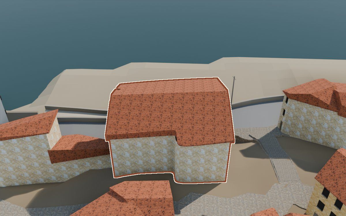 Edificio alto de la curva de Lo Muro a la reconstrucció 3D, vista des del seu carrer, amb el contorn marcat de color teula entre les cases del voltant