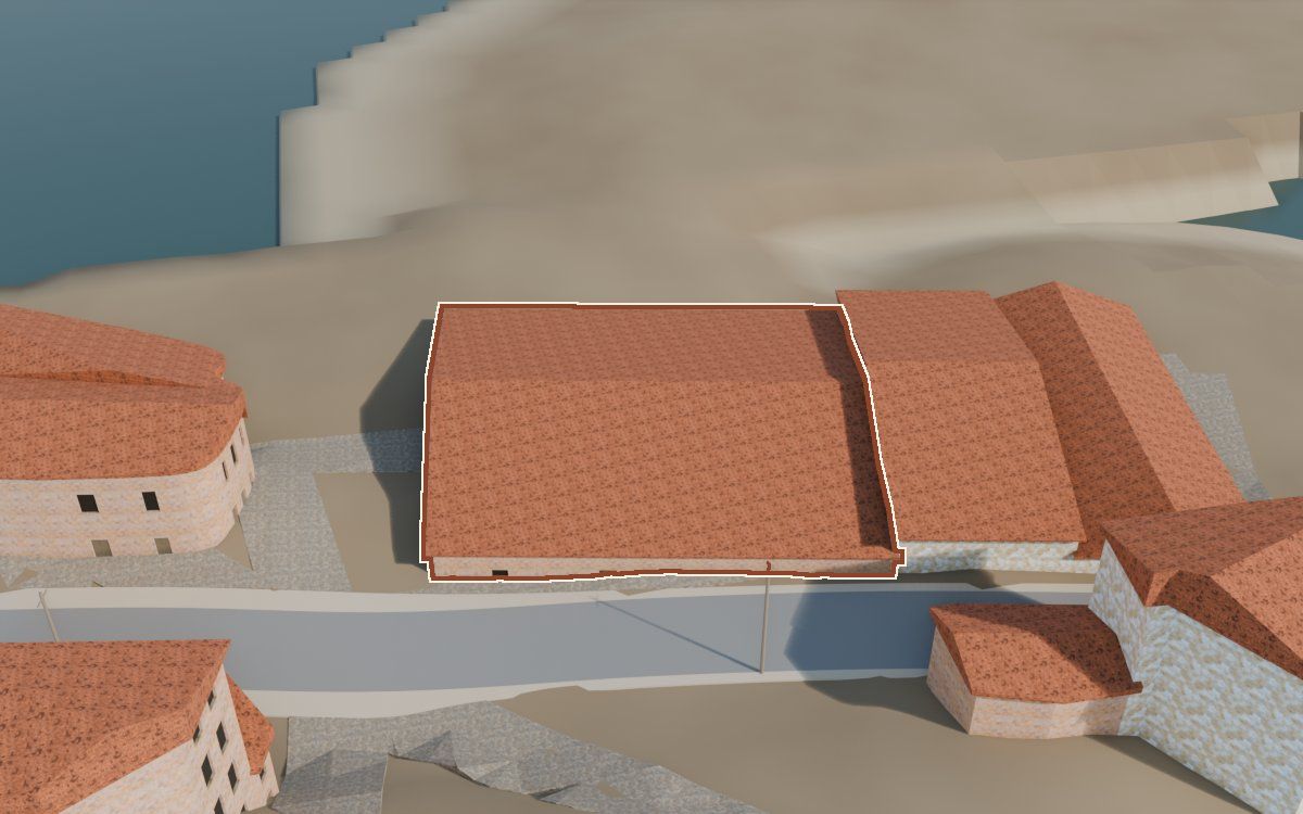 Casa del Carrer Fraga de Dalt a la reconstrucció 3D, vista des del seu carrer, amb el contorn marcat de color teula entre les cases del voltant