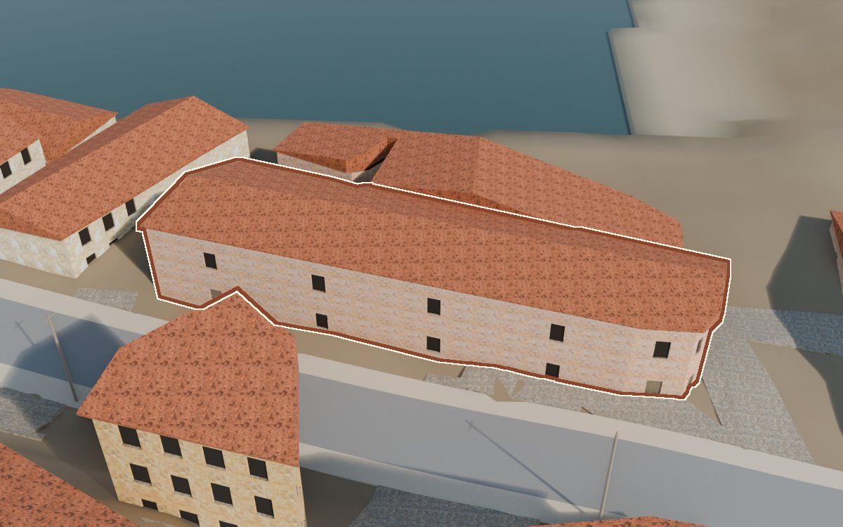 Casa del Carrer Saragossa a la reconstrucció 3D, vista des del seu carrer, amb el contorn marcat de color teula entre les cases del voltant