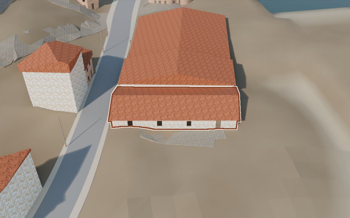 Casa del Carrer del Rosari a la reconstrucció 3D, vista des del seu carrer, amb el contorn marcat de color teula entre les cases del voltant