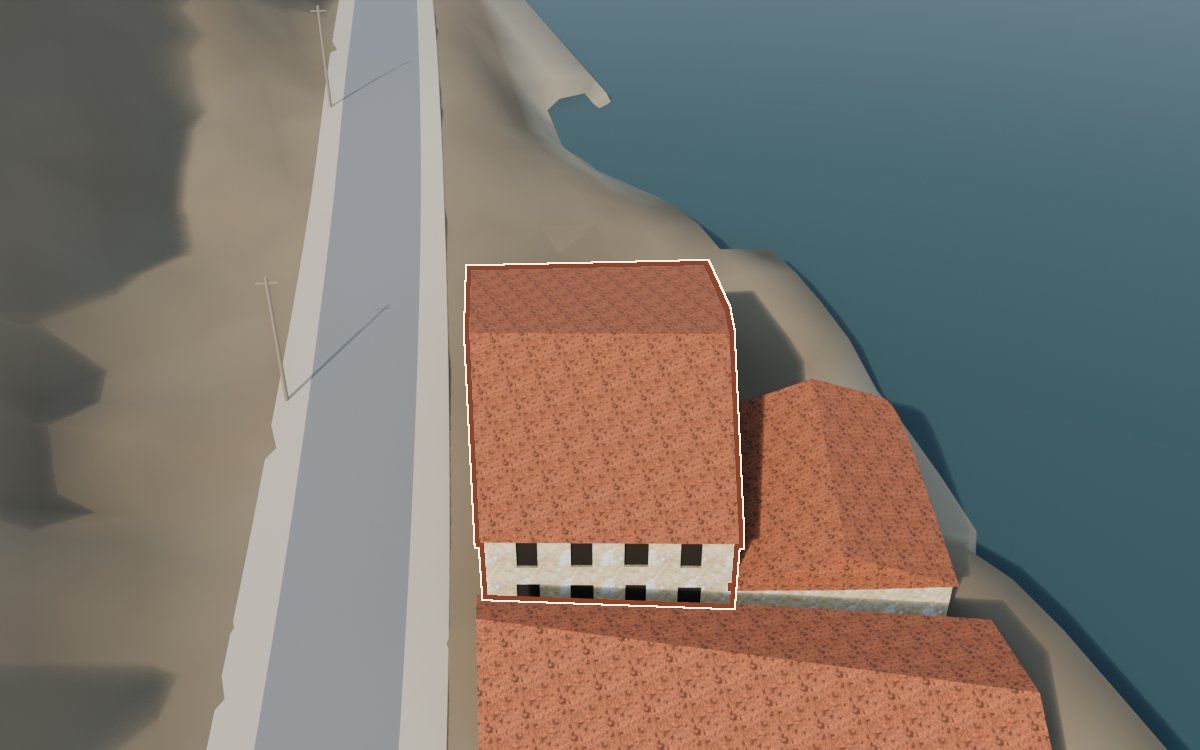 Casa del Carrer de les Penes a la reconstrucció 3D, vista des del seu carrer, amb el contorn marcat de color teula entre les cases del voltant