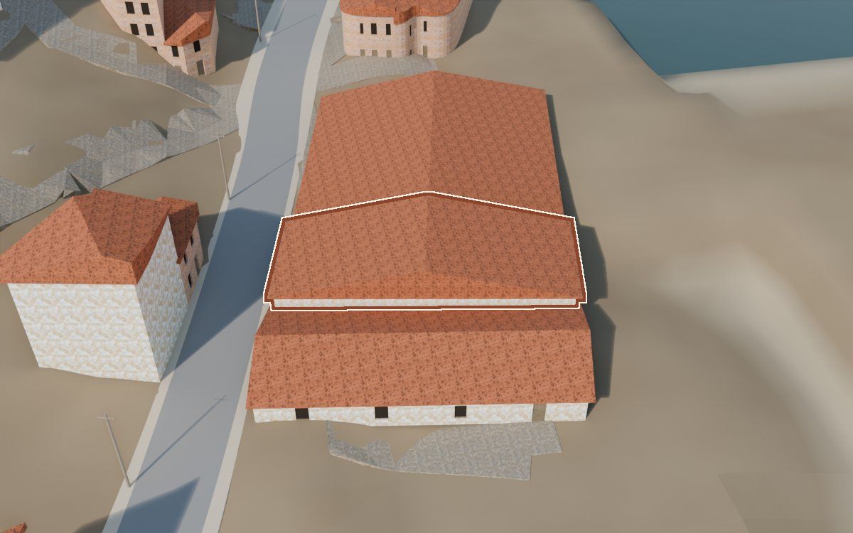 Casa del Carrer Fraga de Dalt a la reconstrucció 3D, vista des del seu carrer, amb el contorn marcat de color teula entre les cases del voltant