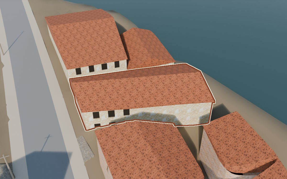 Casa del Carrer de les Penes a la reconstrucció 3D, vista des del seu carrer, amb el contorn marcat de color teula entre les cases del voltant
