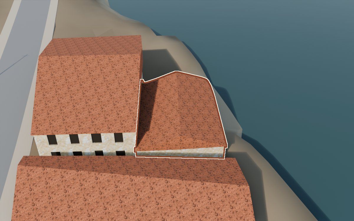 Casa cerca del Carrer de les Penes a la reconstrucció 3D, vista des del seu carrer, amb el contorn marcat de color teula entre les cases del voltant
