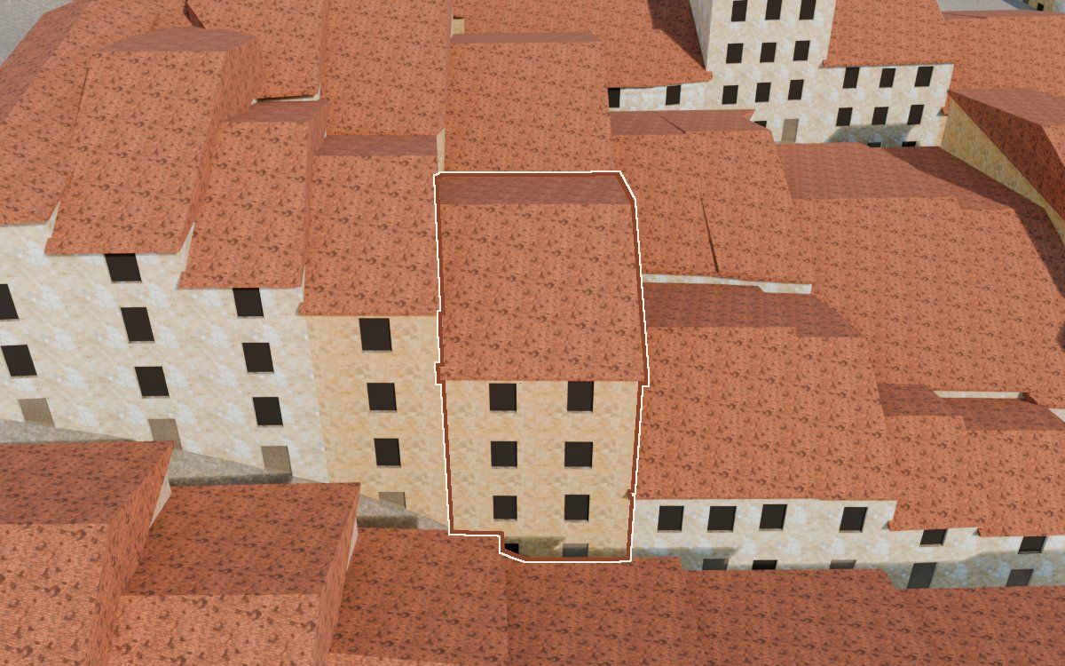 Casa del Carrer Magdalena a la reconstrucció 3D, vista des del seu carrer, amb el contorn marcat de color teula entre les cases del voltant