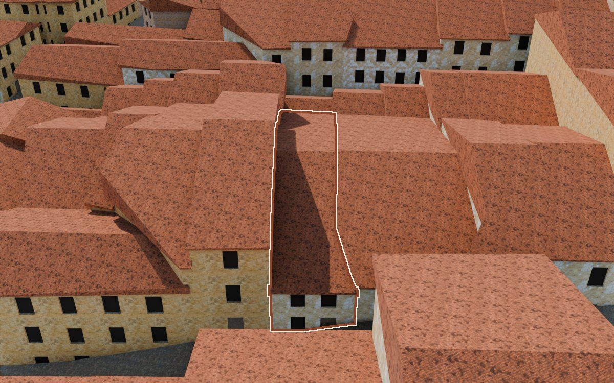 Manzana 28, n.º 26 a la reconstrucció 3D, vista des del seu carrer, amb el contorn marcat de color teula entre les cases del voltant