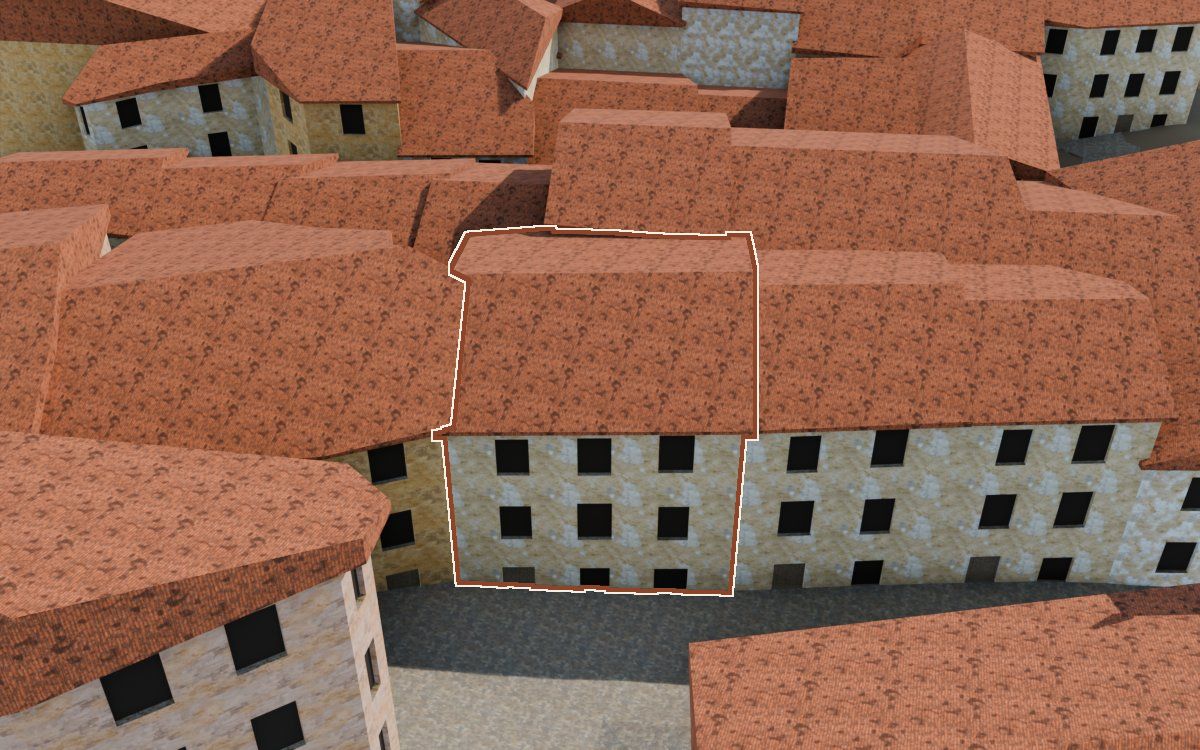 Casa del Carrer de Sant Josep a la reconstrucció 3D, vista des del seu carrer, amb el contorn marcat de color teula entre les cases del voltant