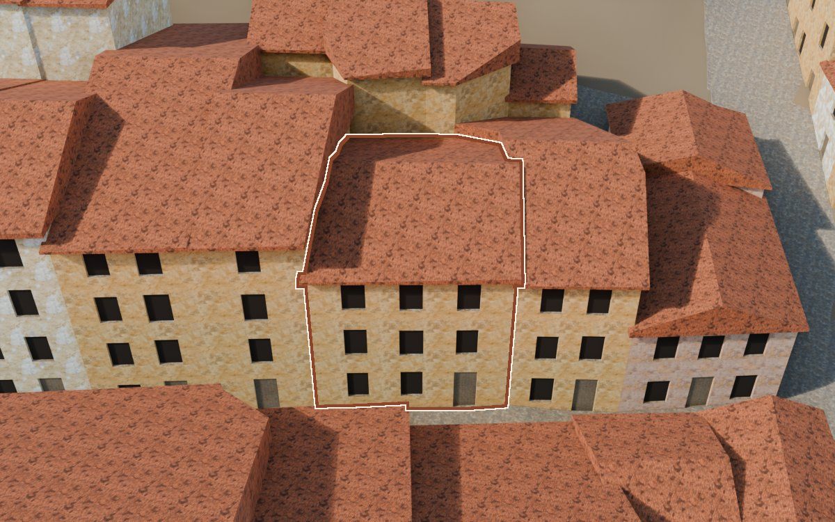 Manzana 43, n.º 14 a la reconstrucció 3D, vista des del seu carrer, amb el contorn marcat de color teula entre les cases del voltant