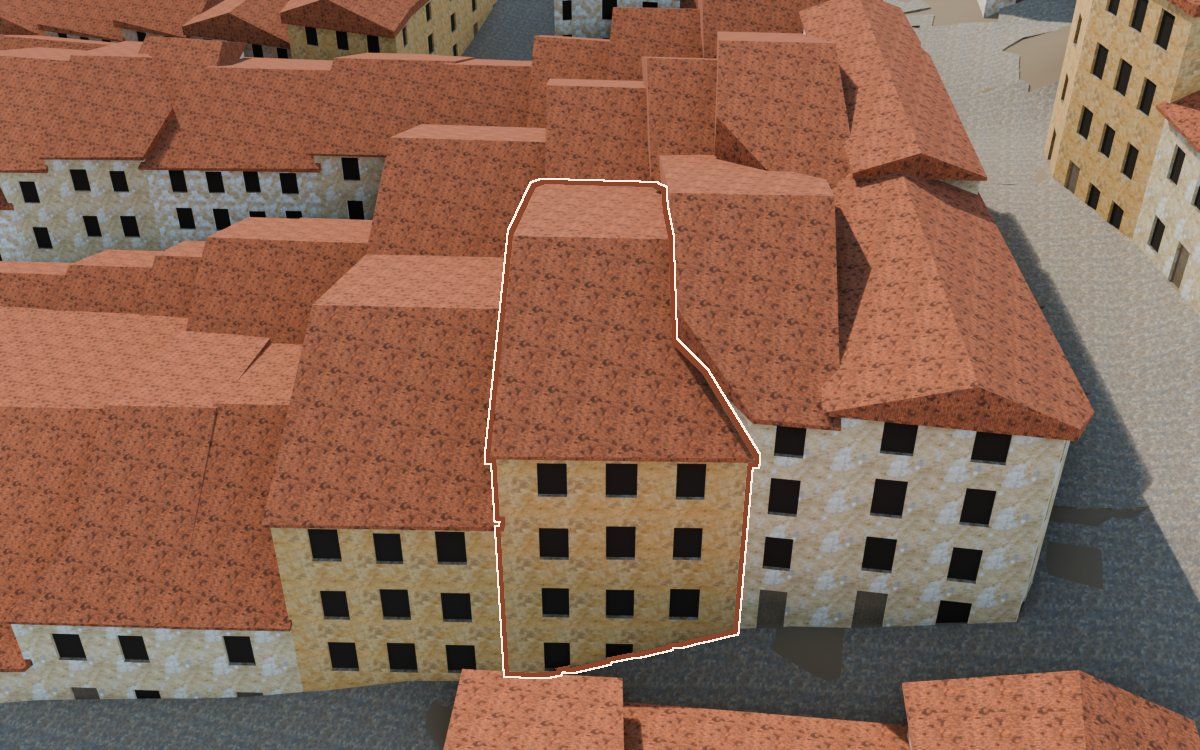 Manzana 28, n.º 31 a la reconstrucció 3D, vista des del seu carrer, amb el contorn marcat de color teula entre les cases del voltant