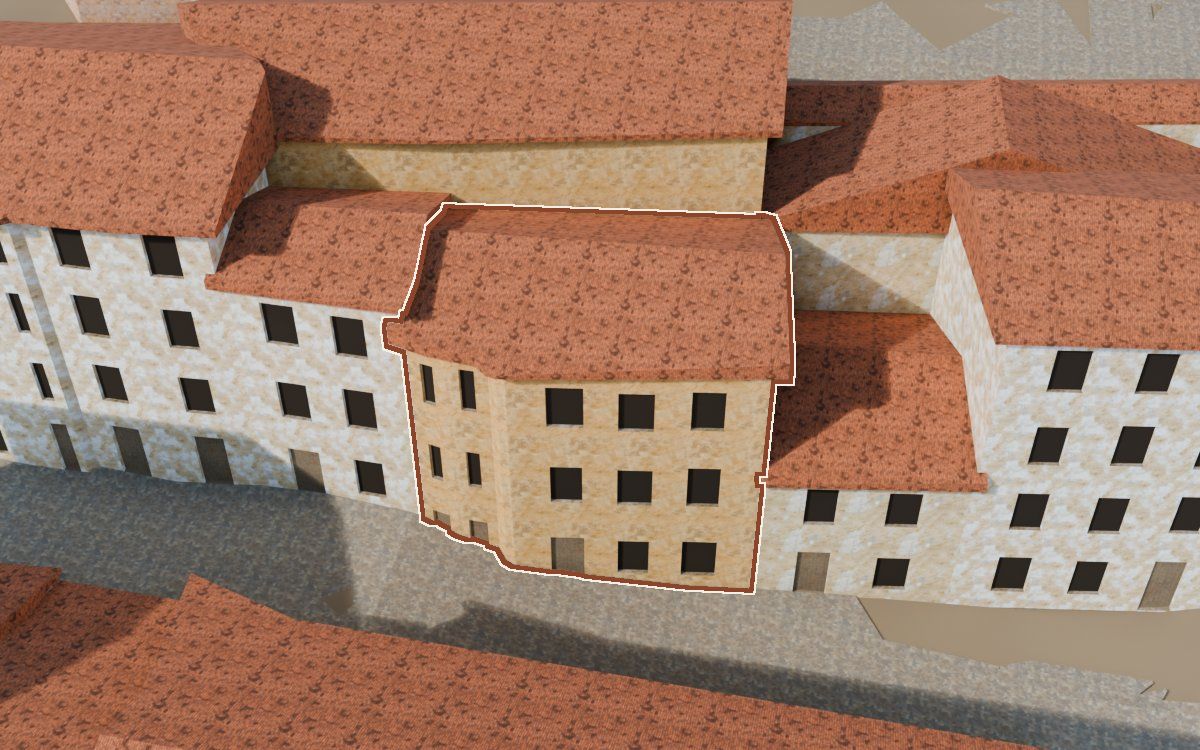 Manzana 44, n.º 5 a la reconstrucció 3D, vista des del seu carrer, amb el contorn marcat de color teula entre les cases del voltant