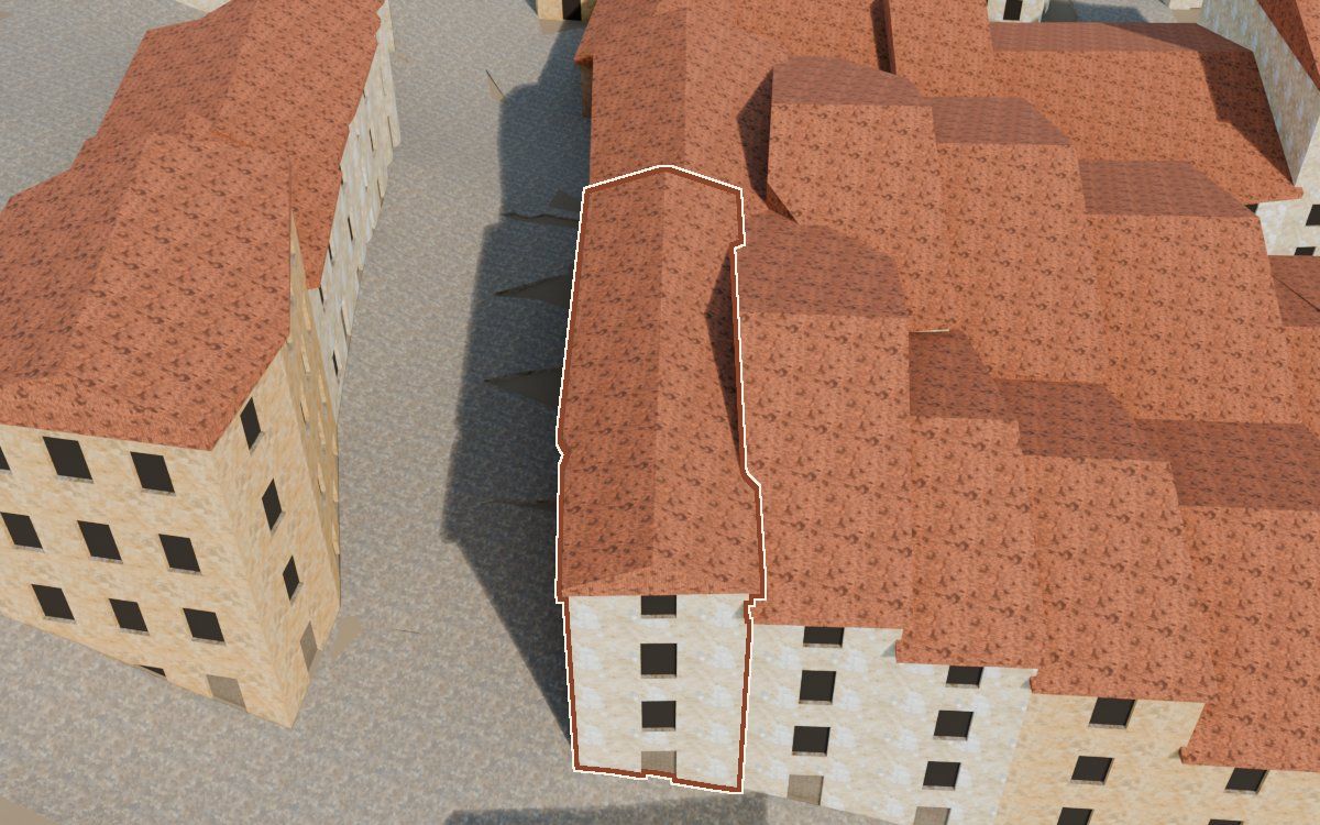 Manzana 28, n.º 1 a la reconstrucció 3D, vista des del costat on millor es veu, amb el contorn marcat de color teula entre les cases del voltant