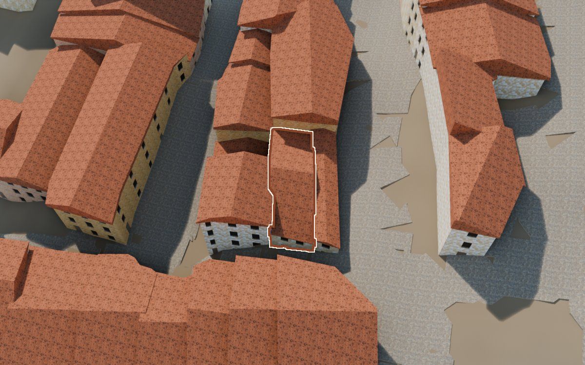Manzana 44, n.º 8 a la reconstrucció 3D, vista des del costat on millor es veu, amb el contorn marcat de color teula entre les cases del voltant