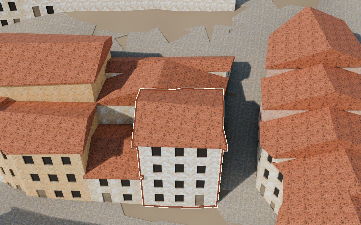 Manzana 44, n.º 7 a la reconstrucció 3D, vista des del costat on millor es veu, amb el contorn marcat de color teula entre les cases del voltant