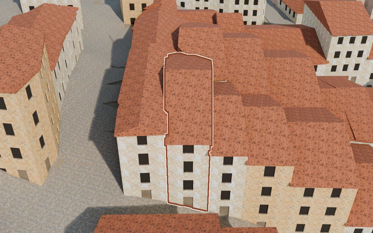 Manzana 28, n.º 2 a la reconstrucció 3D, vista des del seu carrer, amb el contorn marcat de color teula entre les cases del voltant