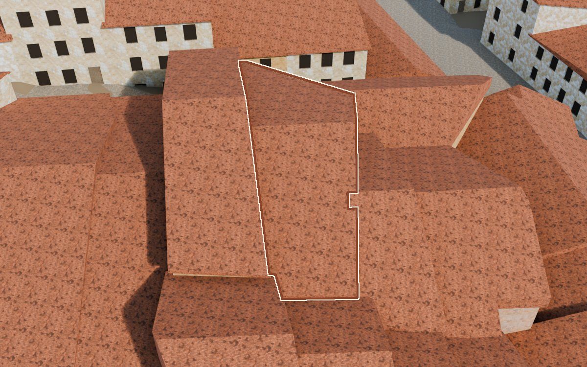 Manzana 28, n.º 24 a la reconstrucció 3D, vista des del costat on millor es veu, amb el contorn marcat de color teula entre les cases del voltant
