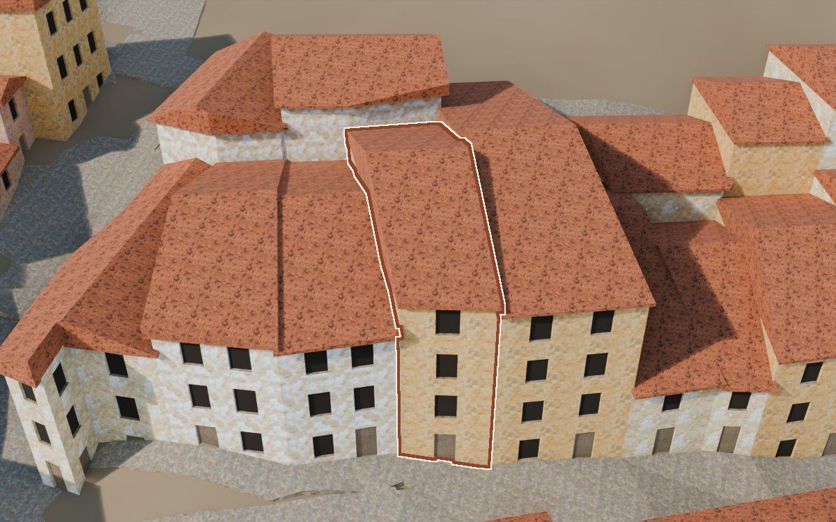 Casa cerca del Carrer Nou a la reconstrucció 3D, vista des del seu carrer, amb el contorn marcat de color teula entre les cases del voltant