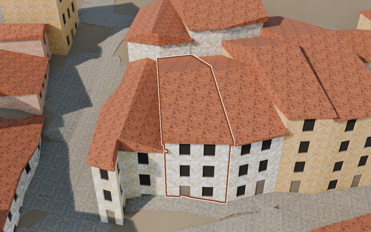 Manzana 43, n.º 3 a la reconstrucció 3D, vista des del seu carrer, amb el contorn marcat de color teula entre les cases del voltant