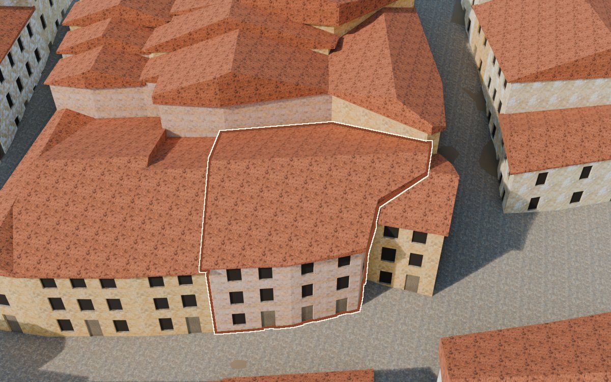Manzana 28, n.º 19 a la reconstrucció 3D, vista des del costat on millor es veu, amb el contorn marcat de color teula entre les cases del voltant