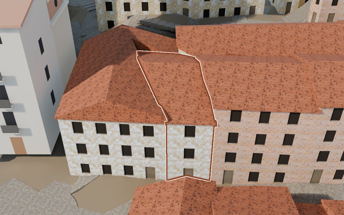 Manzana 23, n.º 21 a la reconstrucció 3D, vista des del seu carrer, amb el contorn marcat de color teula entre les cases del voltant