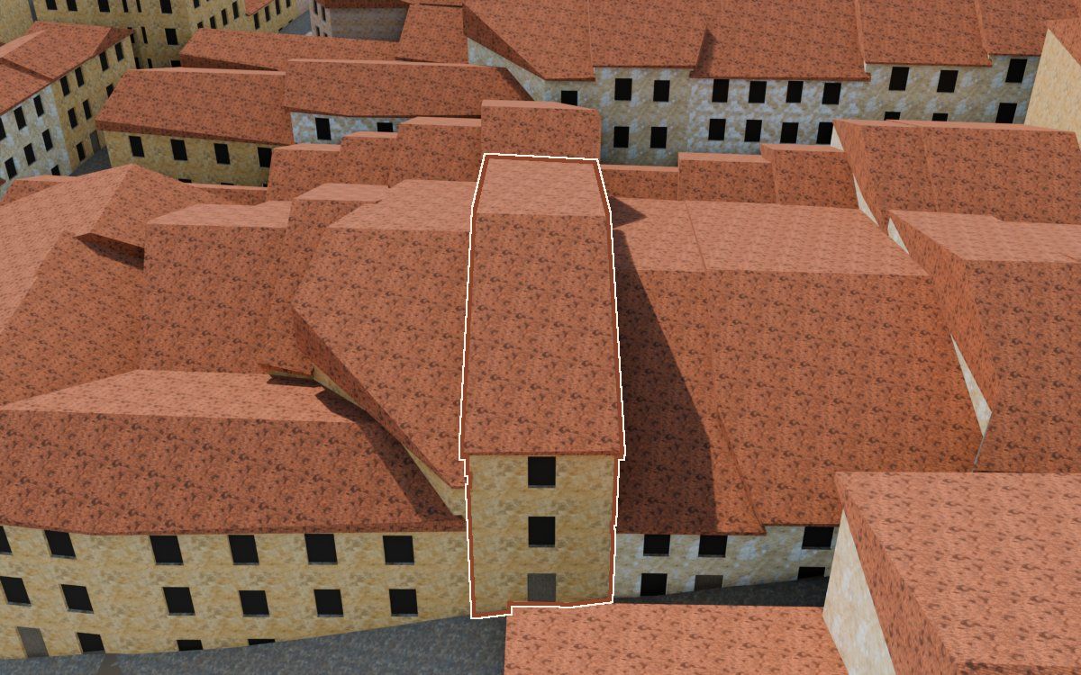 Manzana 28, n.º 25 a la reconstrucció 3D, vista des del seu carrer, amb el contorn marcat de color teula entre les cases del voltant