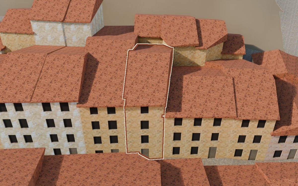 Manzana 43, n.º 13 a la reconstrucció 3D, vista des del seu carrer, amb el contorn marcat de color teula entre les cases del voltant