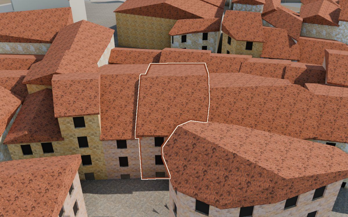 Manzana 23, n.º 9 y 3 a la reconstrucció 3D, vista des del seu carrer, amb el contorn marcat de color teula entre les cases del voltant