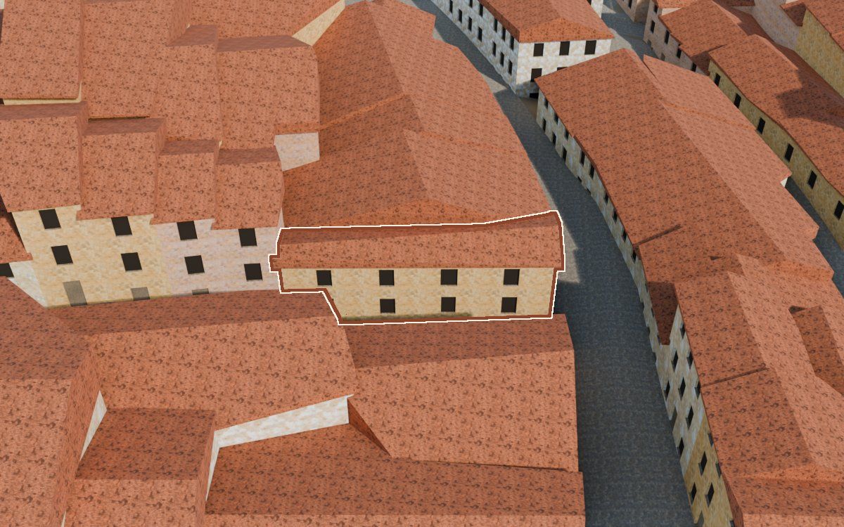 Manzana 28, n.º 16 a la reconstrucció 3D, vista des del seu carrer, amb el contorn marcat de color teula entre les cases del voltant