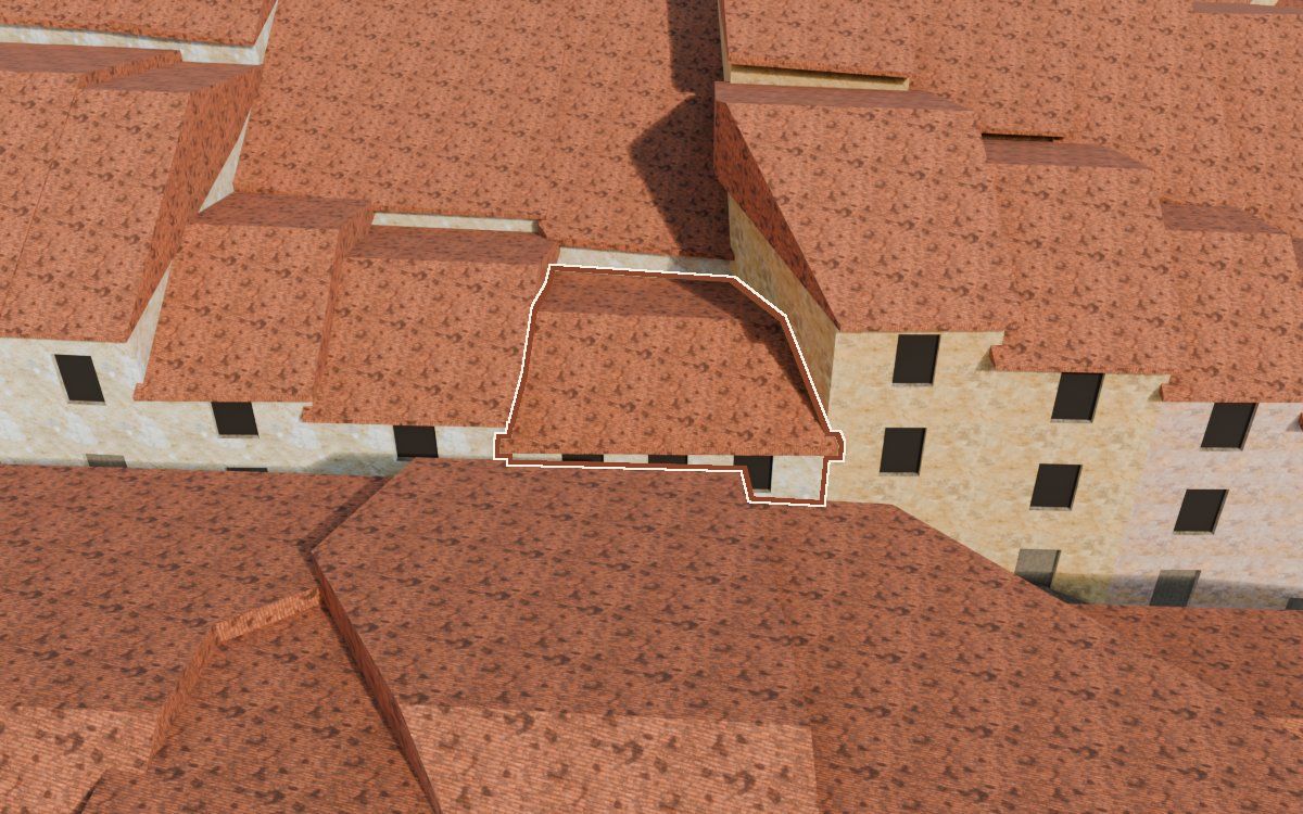 Manzana 28, n.º 9 a la reconstrucció 3D, vista des del seu carrer, amb el contorn marcat de color teula entre les cases del voltant