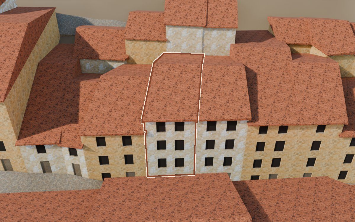 Manzana 43, n.º 10 a la reconstrucció 3D, vista des del seu carrer, amb el contorn marcat de color teula entre les cases del voltant