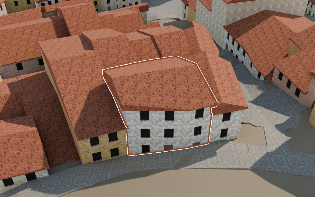 Manzana 43, n.º 26 a la reconstrucció 3D, vista des del seu carrer, amb el contorn marcat de color teula entre les cases del voltant