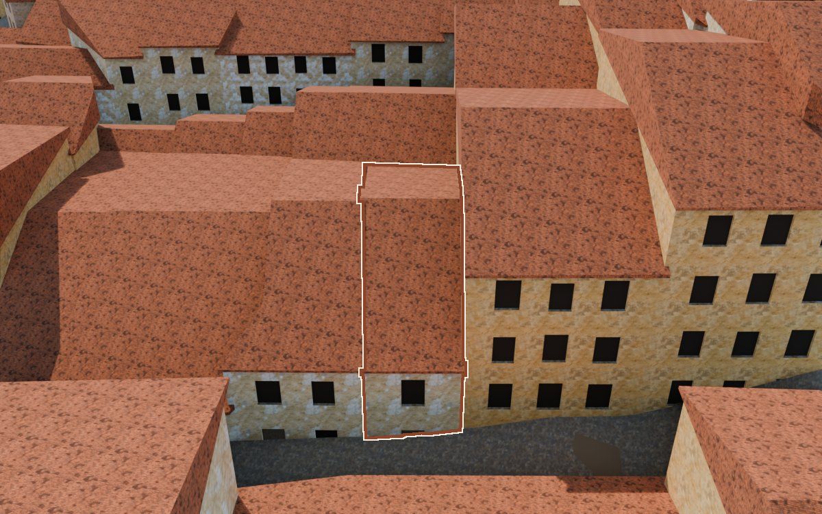 Manzana 28, n.º 29 a la reconstrucció 3D, vista des del seu carrer, amb el contorn marcat de color teula entre les cases del voltant