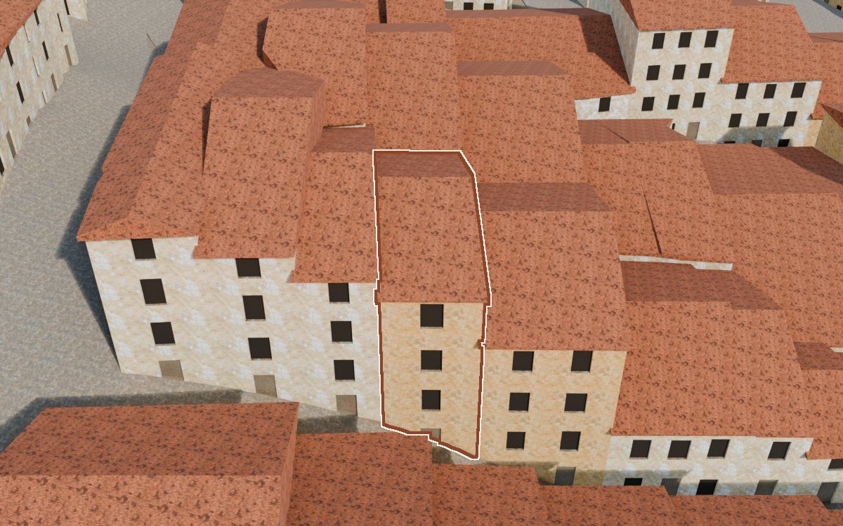 Casa del Carrer Magdalena a la reconstrucció 3D, vista des del seu carrer, amb el contorn marcat de color teula entre les cases del voltant