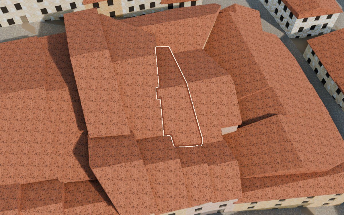 Manzana 28, n.º 23 a la reconstrucció 3D, vista des del costat on millor es veu, amb el contorn marcat de color teula entre les cases del voltant
